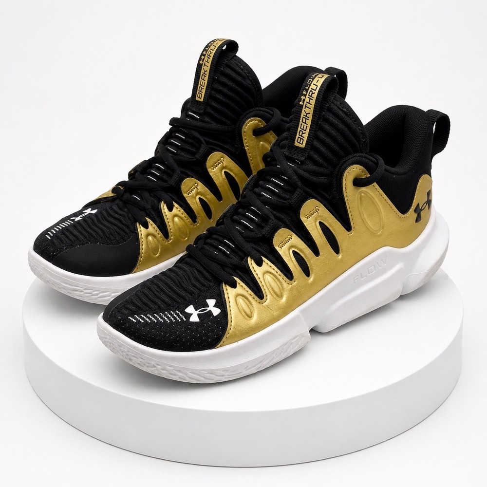 Under Armour Flow Breakthru 4 Basketball Shoes Black Gold 3026641-001 Womens 7.5